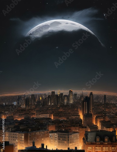 A picture, a drawing on canvas, a part of the moon over a gray city