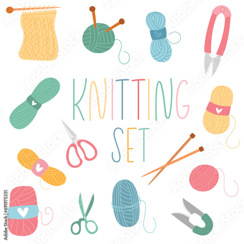 Needlework tools set. Sewing and knitting objects. Handmade Kit vector illustration