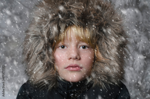 Close up portrait of handsome blond hair 8 years old boy looking at camera against a background of a winter landscape. He wears a hooded winter eskimo coat. Winter and snow outdoors lifestyle.