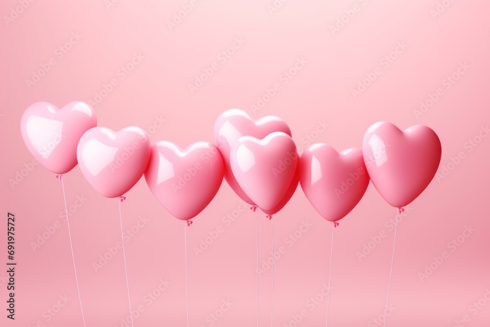  a group of pink heart shaped balloons floating in the air on a pink background with a pink wall in the background.