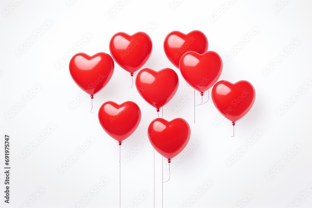  a group of red heart shaped balloons floating in the air with a string attached to each of them on a white background.