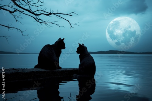  a couple of cats sitting next to each other near a body of water with a full moon in the background.