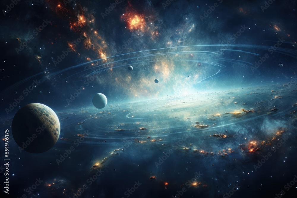  an artist's rendering of a solar system with planets in the foreground and a distant star in the background.