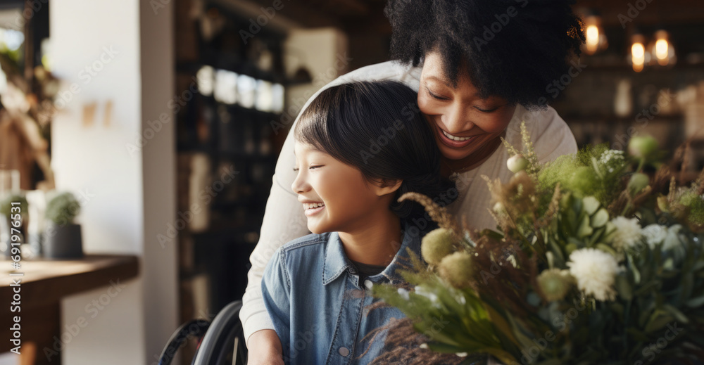 A child in a wheelchair handing their mother a bouquet of flowers, with a backdrop of accessible home deco