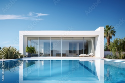  a swimming pool with a lounge chair next to it and a palm tree in front of a large white building. © Shanti
