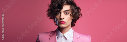 Studio portrait of young transgender or transvestite man in 20s isolated on pink background, lipstick, fashionable, ideal as web banner or in social media, copy space for text