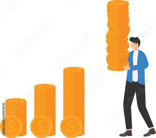 Businessman investor holding high stack of dollar money coins to put as growth compound graph, Compound interest effect, high return investment stock market or growth and prosperity economic concept.
