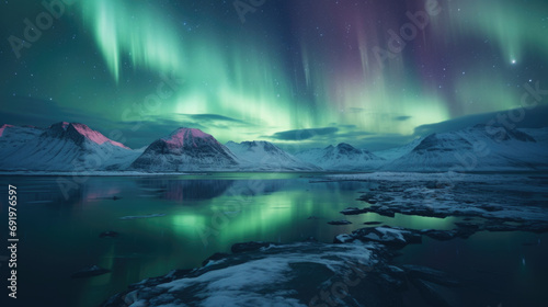 Northern Lights on the night sky. Aurora Borealis. Wintertime starry sky