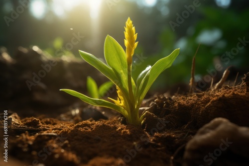  a young plant sprouts from the ground on a sunny day in the sunbeams of a forest.