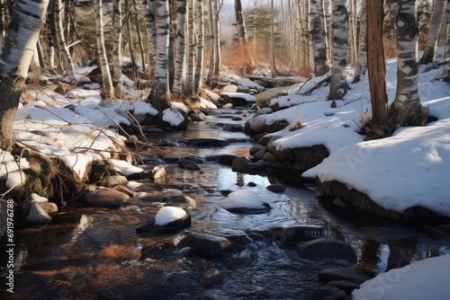  a stream running through a snowy forest filled with lots of snow covered rocks and a forest filled with lots of trees.