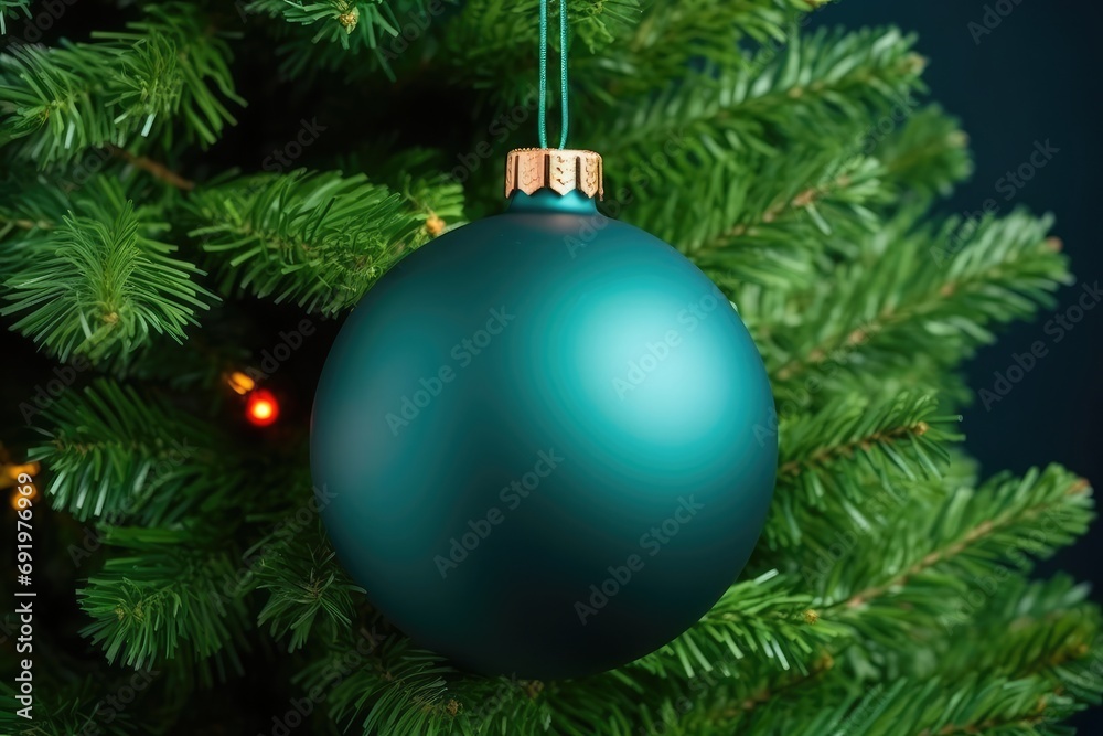 Blue Christmas tree toy ball decoration on a fluffy tree fir branch Blue Christmas tree toy ball decoration on a fluffy tree fir branch