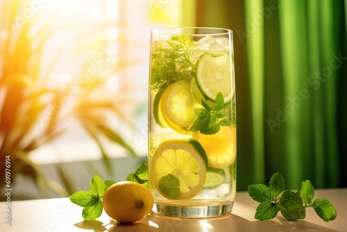  a glass of water with lemons, mint, and lemon wedges on a table next to a potted plant.