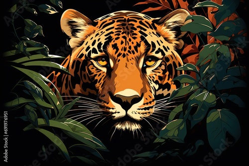  a close up of a tiger s face on a black background surrounded by jungle plants and leafy branches.