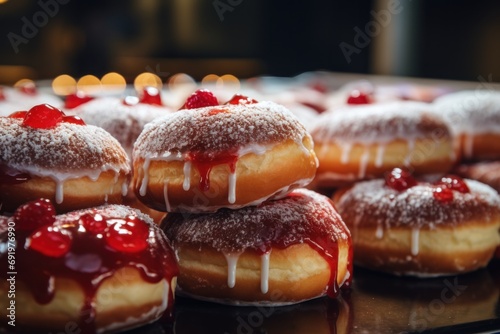  a close up of a bunch of doughnuts with icing and cherries on them on a table.