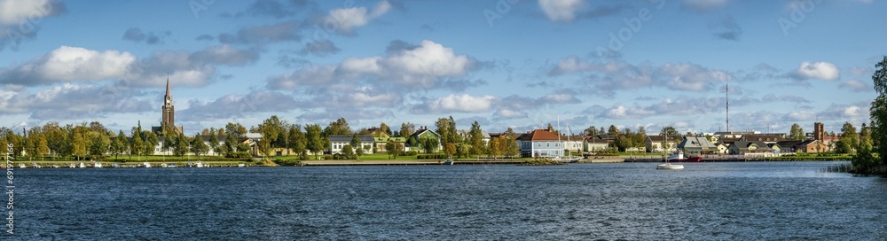 Super high-resolution view of the seashore, church and the museum of Raahe town in Finland.