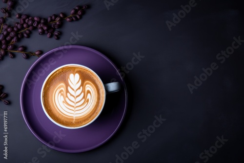  a cup of coffee sitting on top of a purple saucer next to a bunch of purple flowers on a black surface.