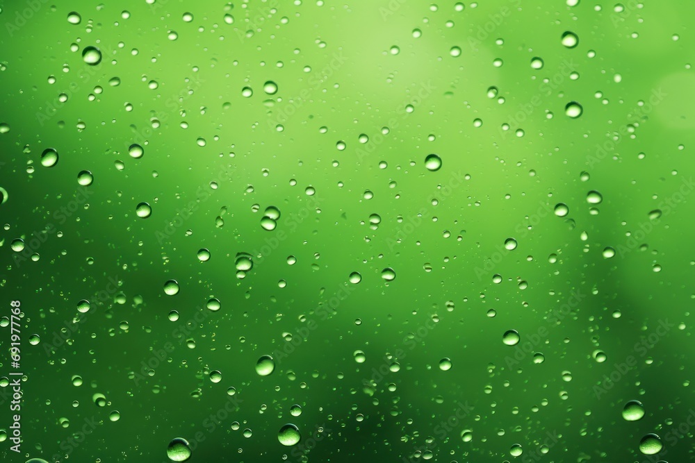  drops of water on a window pane with green grass and blue sky in the background, with a soft focus on the drops of water on the window pane.