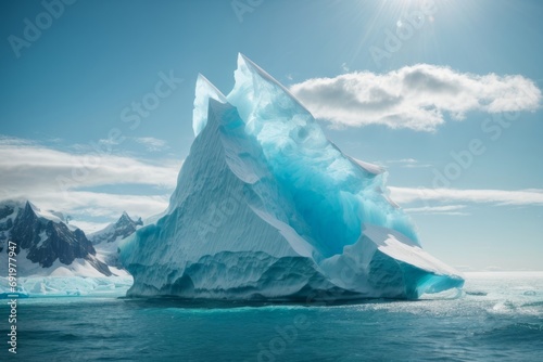 A large beautiful ice iceberg on the blue ocean against the background of mountains.