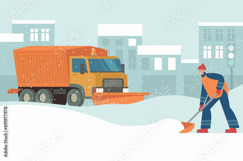 Snow plow truck cleaning urban snowy road in winter. Man cleaning city street with shovel.  Snow removal concept.