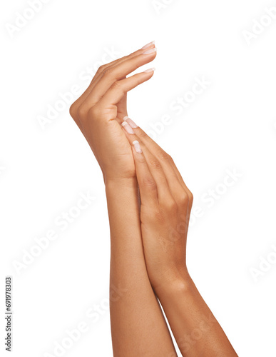 Woman, hand and palm in studio with skincare for cosmetics, manicure and nail treatment for wellness. Person, fingers or mock up space for cosmetology, moisturiser and smooth skin on white background