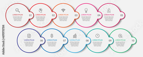 Simple infographic 10 parts or options. thin line design with icons, text, number. used for process diagrams, workflow layouts, flowcharts, infographics, 
and your presentations