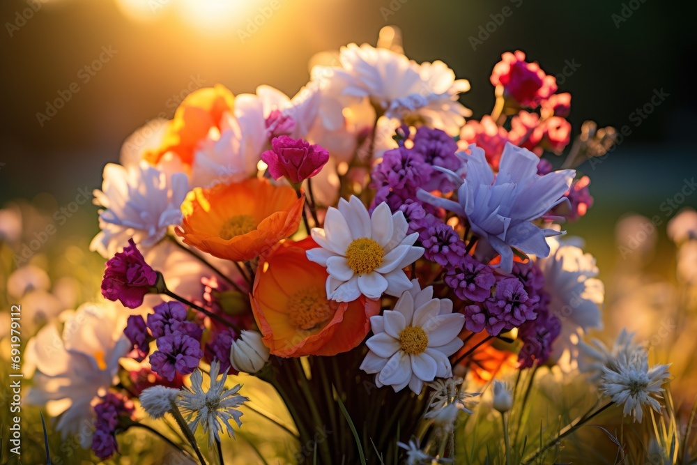 a close up of a bunch of flowers in a field with the sun shining through the clouds in the background.