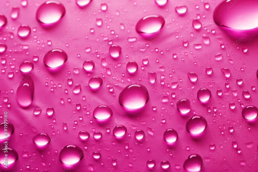  a close up of water droplets on a pink surface with a blue sky in the background and a pink sky in the foreground.