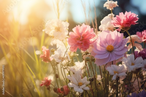  a close up of a bunch of flowers with the sun shining through the trees in the background and the grass in the foreground.