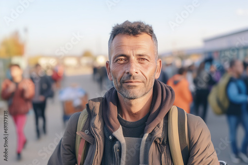 Humanitarian Dedication: Exploring the Details of a Frontal View Featuring a Man Volunteer in a War-affected Refugee Settlement photo