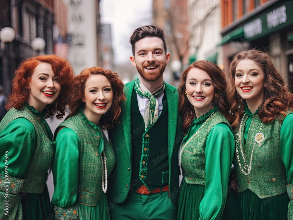 Image of a group of friends in green Saint Patrick's Day outfits, with a defocused background of a lively street parade Image of a group of friends in green Saint Patrick's Day outfits, with a defocused background of a lively street parade