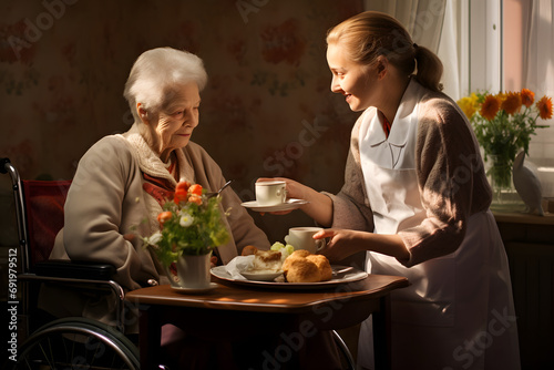 Healthcare, elderly woman with nurse with breakfast at her home. Generative AI.