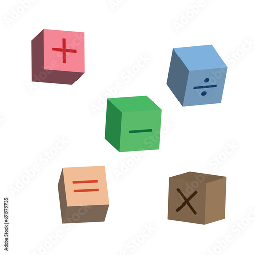 Five 3d colorful math symbols in cube shape. Plus, minus, multiplication, divide and equal symbol. Scientific resources for teachers and students.