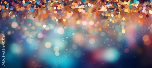 Happy carnival party celebration template texture greeting card - Abstract closeup of colorful falling confetti and glitter particles, defocused bokeh lights in the background