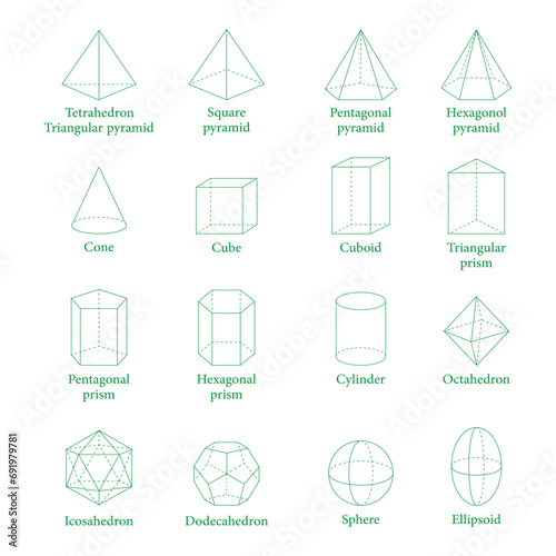 3D geometric shapes seamless pattern. Triangular, pentagonal and hexagonal prism and pyramid. Cone, cube, cuboid, cylinder, octahedron, icosahedron, dodecahedron, sphere and ellipsoid. Vector.