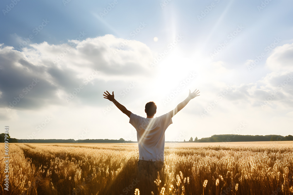 Joyful Person Raising Arms morning in Rural Field Under Summer Sunlight isolated on the white background. Generative AI. Joyful Person Raising Arms morning in Rural Field Under Summer Sunlight isolated on the white background. Generative AI.