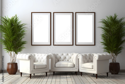 Interior of a house with three luxurious white sitting chairs and blank photo frames © Varma