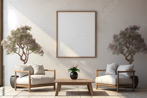 Minimalistic interior of an apartment with chairs and bonsai plants