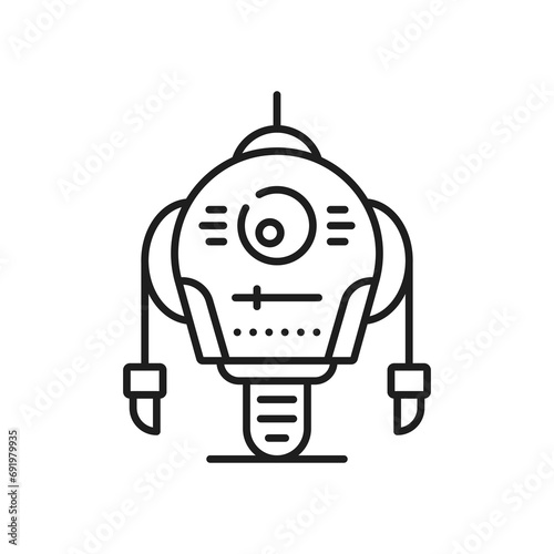 Robot line and outline icon. Isolated vector futuristic droid with metallic body, long arms and wheel. Automaton symbol of robotic figure. innovation and technology sign, featuring a mechanical entity