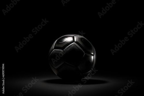  a black soccer ball sitting on top of a black floor in the middle of a dark room with a spot light on the side of the ball.