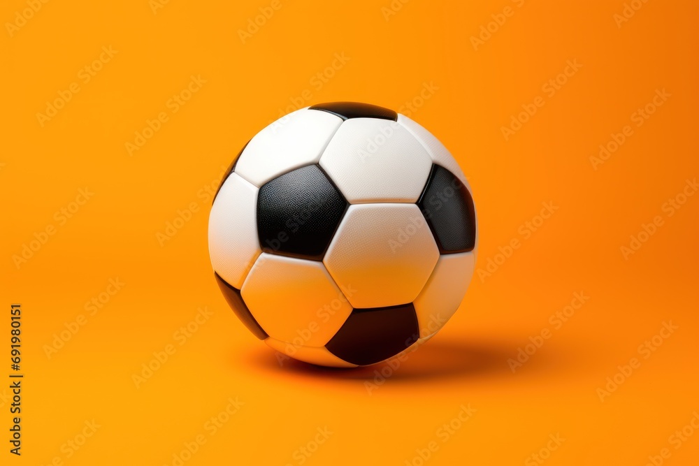  a black and white soccer ball on an orange background with a shadow of the ball on the bottom of the ball.