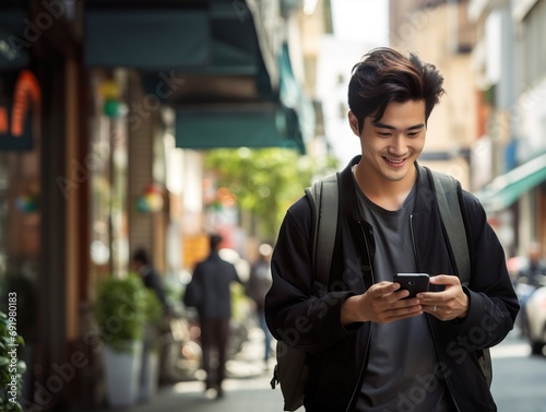 Asian young man using smartphone in city street. photo