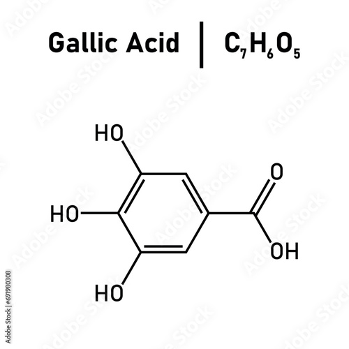 Chemical structure of Gallic acid (C7H6O5). Chemical resources for teachers and students. Vector illustration.