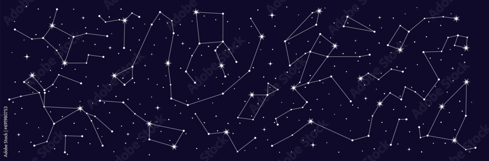Mystic astrology, stars constellation border of night sky map, vector starry background. Star zodiac signs in space galaxy for astrological horoscope, esoteric astrology and planetary astronomy - obrazy, fototapety, plakaty 