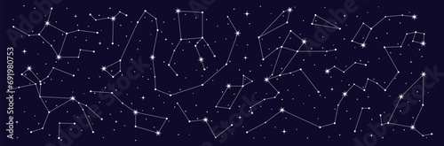 Mystic astrology, stars constellation border of night sky map, vector starry background. Star zodiac signs in space galaxy for astrological horoscope, esoteric astrology and planetary astronomy photo