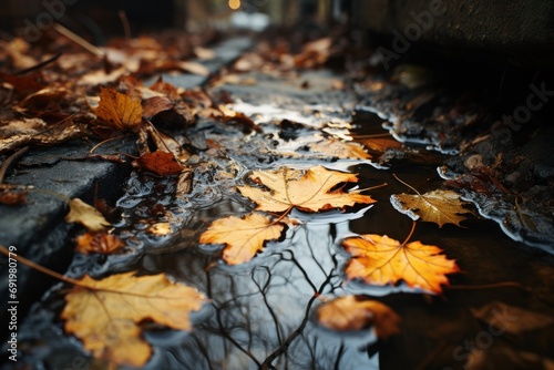  a puddle of water that has fallen leaves on the ground and on the ground it is reflecting the light of a street lamp in the background.