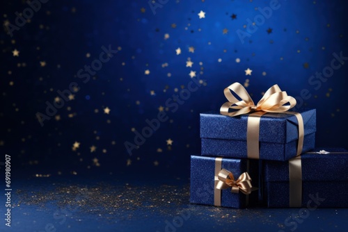  a blue gift box with a gold ribbon and a bow sitting on top of another blue gift box with a gold ribbon and a gold bow on a blue background with stars. © Shanti