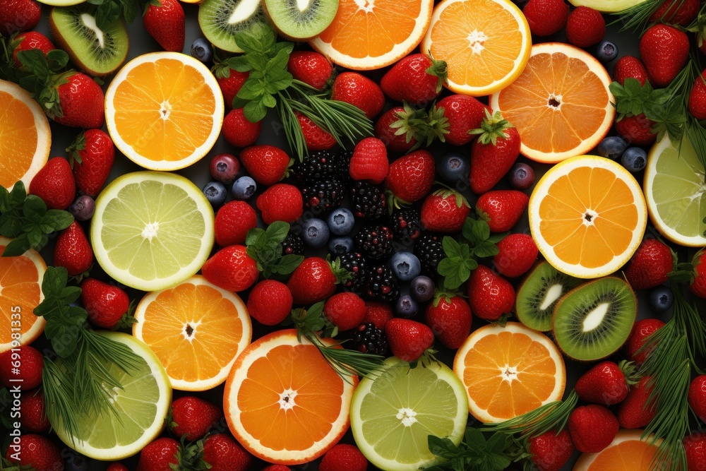 a close up of a bunch of fruit with kiwis, strawberries, oranges, raspberries, and kiwis. a close up of a bunch of fruit with kiwis, strawberries, oranges, raspberries, and kiwis.