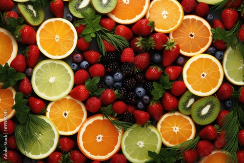  a close up of a bunch of fruit with kiwis  strawberries  oranges  raspberries  and kiwis.