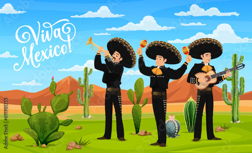Viva Mexico banner with Mexican mariachi musicians in Mexican desert, vector background. Mexican music band men in sombreros with guitar, maracas and trumpet playing mariachi music for holiday fiesta