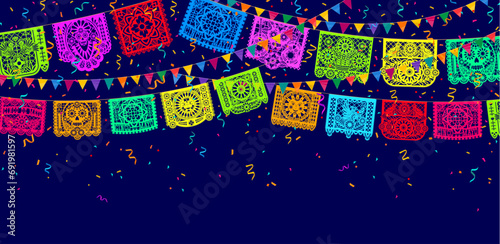 Mexican papel picado paper cut flags and banners for holiday fiesta decorations, vector background. Papel picado flags garland with paper cut skull and flowers ornament with confetti for Mexican party